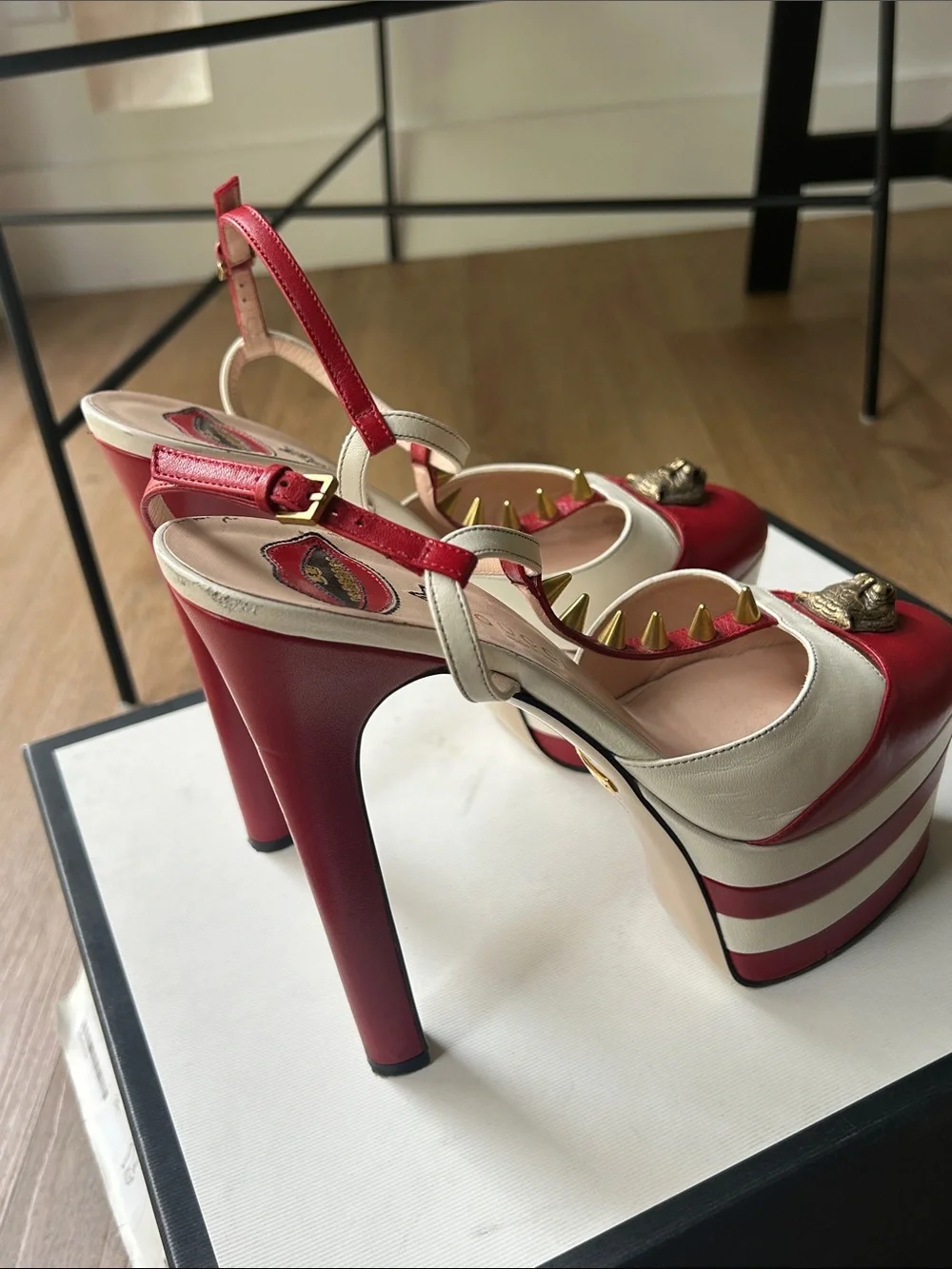 Gucci Red and White Stripe Platform Heels with Stud and Emblem Detail